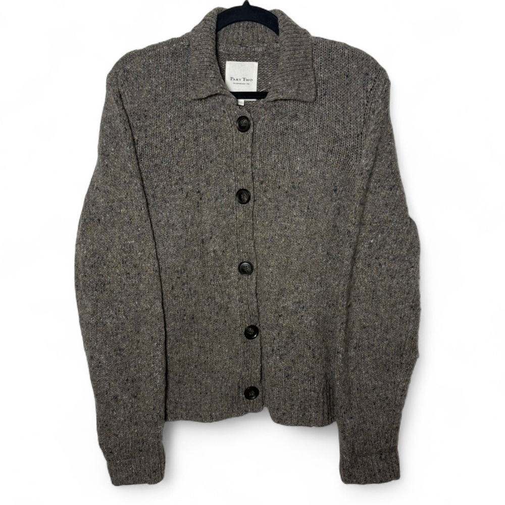 Part Two Wool Alpaca Collared Cardigan Sweater Brown Gray Large Cozy Knit